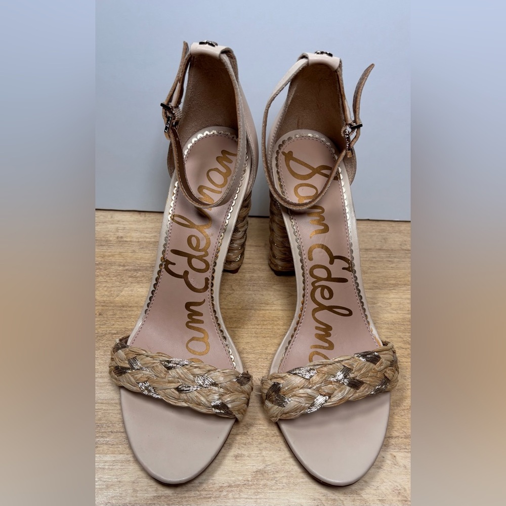 Sam Edelman Yoana Woven Raffia Block Heel Sandals - Women’s Size 9 - Sand/Silver